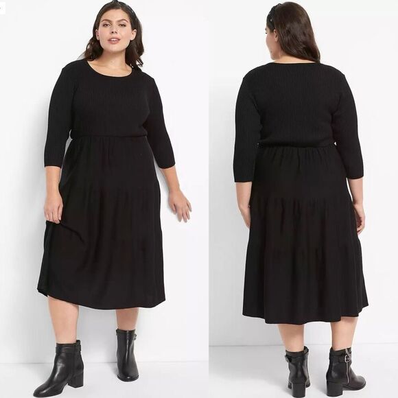 NWT Lane Bryant Tiered Ribbed Sweater Midi Dress Black 3/4 Sleeves Plus Sz 26/28 - Picture 1 of 14